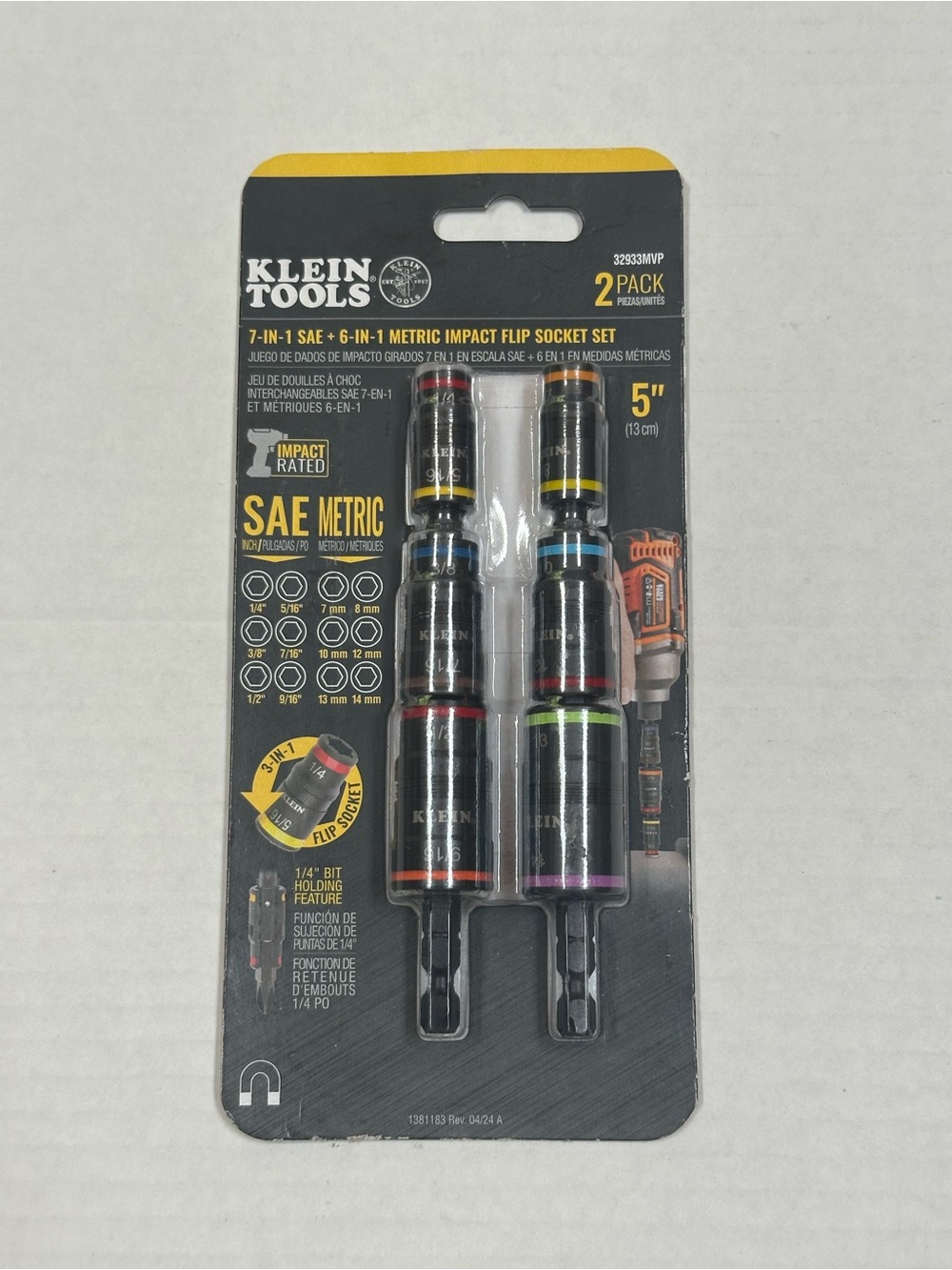 NWT Klein Tools 2 Pack 7-in-1 SAE and 6-in-1 Metric Impact Flip Socket Set